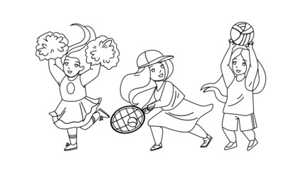 Naklejka premium Girls Kids Playing Sport Game And Dancing Black Line Pencil Drawing Vector. Little Schoolgirls Play Tennis And Volleyball Game, Cheerleader Supporting Team And Dance. Characters Sportive Activity