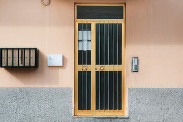 Front view of glass entrance door, old building