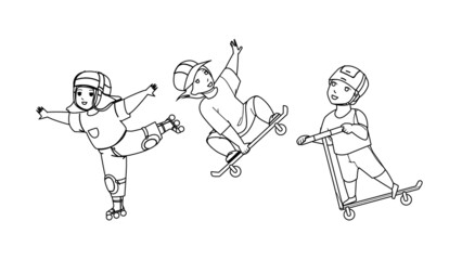 Children Enjoying In Extreme Skate Park Black Line Pencil Drawing Vector. Boy And Girl Kids Riding Skate Board, Rollers And Kick Scooter Together. Characters Infant Riders Active Sport Time