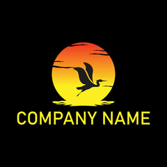 flying heron bird Silhouette with Moon Background Logo Design Template