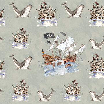 Watercolor ocean animals antique style seamless pattern