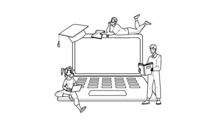 laptop learning online computer. Black Line Pencil Drawing Vector. student work at home. screen. distance school learn character web Illustration