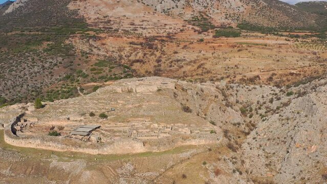 Aerial view by drone of archaeological site of ancient citadel of Mycenae, north-eastern Peloponnese, Greece.