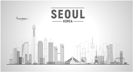 Naklejka premium Seoul (Korea) city skyline vector lines illustration. Flat vector illustration. Business travel and tourism concept with modern buildings. Image for banner or website.