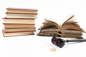 Law and Justice concept. Judge gavel on white background with two golden wedding rings