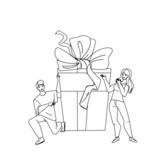 Gift Offer Young Man For Woman On Birthday Black Line Pencil Drawing Vector. Boyfriend Gift Offer Girlfriend On Anniversary Or Xmas Event Holiday. Characters With Present Box Decorated Ribbon And Bow