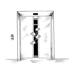Elevator. People are stuck in the elevator. Hand drawn sketch. Vector illustration