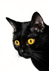 Portrait of a black cat with green eyes on a white isolated background