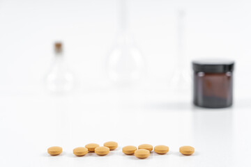 Science pills and bottles on white background, Medical: Pills and bottle.  Composition of the medical flasks. with copy space