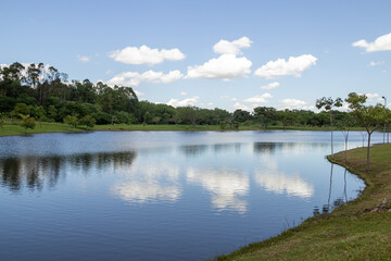 Paisagem de um parque muito arborizado e um lago, na cidade de Goiânia. Parque Leolidio di Ramos Caiado.