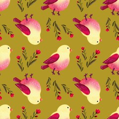Seamless pattern with hand painted watercolors birds and flowers. The decorative backdrop is ideal for a paper or textile gift.