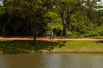 Paisagem de um parque muito arborizado e um lago, na cidade de Goiânia. Parque Leolidio di Ramos Caiado.
