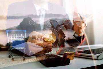 Young business woman working at the computer in cafe on the rock. Young girl downshifter working at a laptop at sunset or sunrise on the top of the mountain to the sea, working day..