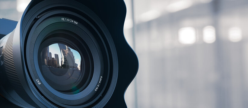 Photography concept. Close-up of a digital camera lens on blur background. Copy space. 3D rendering.
