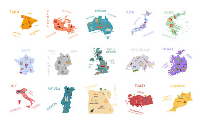 Collection of maps of countries with main attractions in flat style.
