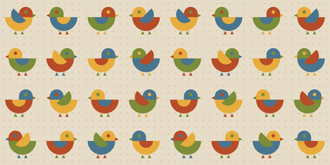 Cute geometric seamless pattern with stylized birds. Decorative colorful modern repeating background. Minimal geometrical shapes birds.