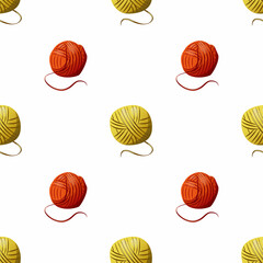 Knitting. Vector seamless pattern on a white background. Bright yarn, design.