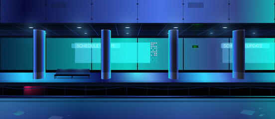 Modern underground transport station with neon light and information screens