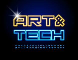 Vector trendy Sign Art and Tech. Bright Neon Font. Glowing Alphabet Letters and Numbers