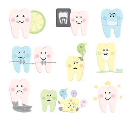 Set of teeth characters in comic style. Dental illustrations.