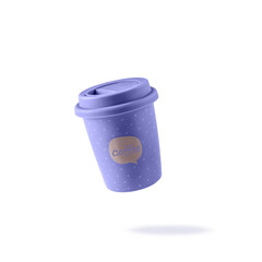 Violet to go cup hot coffee flying isolated on white background.