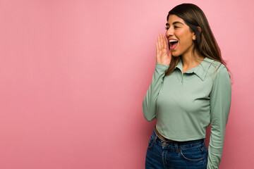 Cheerful woman giving good news