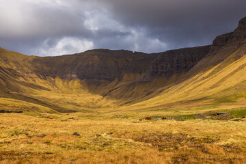 Mountain landscape on the island of Vagar, Faroe Islands.