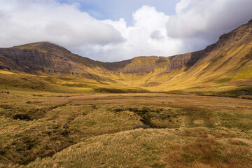 Mountain landscape on the island of Vagar, Faroe Islands.