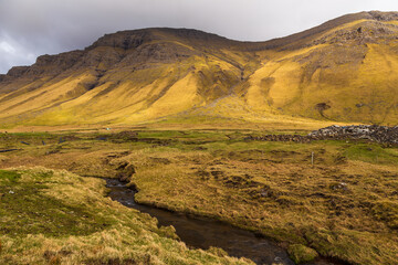 Mountain landscape on the island of Vagar, Faroe Islands.