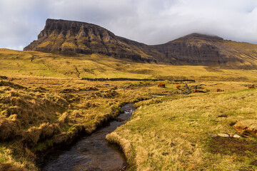 Mountain landscape on the island of Vagar, Faroe Islands.