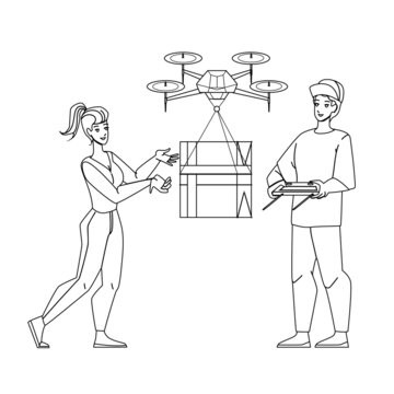 drone delivery box. robot package service. Black Line Pencil Drawing Vector. fast truck. future paracel order character web Illustration