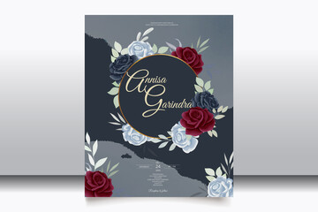 Romantic Wedding invitation card template set with red navy blue floral leaves