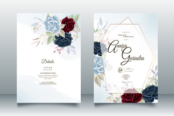 Romantic Wedding invitation card template set with red navy blue floral leaves