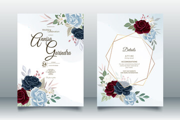 Romantic Wedding invitation card template set with red navy blue floral leaves