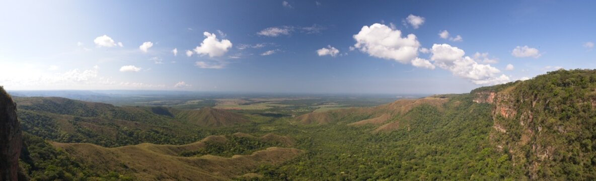 Panorama of spectacular mountains and landscape at Chapada dos Guimarães in the state of Mato Grosso, Brazil.