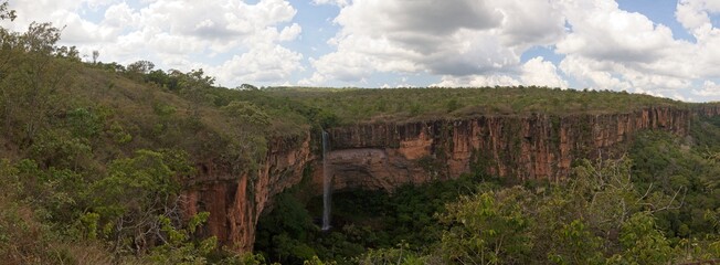 Panorama of spectacular waterfall and mountains, Chapada dos Guimarães in the state of Mato Grosso, Brazil.