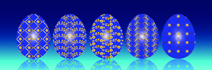 Vector illustration with set of blue and golden easter chocolate eggs in blue background