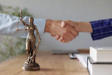 handshake of a female lawyer at a meeting with a male client in the office of the law office, legal advice online. resolution of disputes of the family code during divorce and division of property - obrazy, fototapety, plakaty