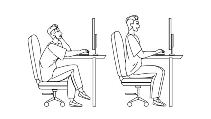 In Ergonomic Posture Sit Man At Computer Black Line Pencil Drawing Vector. Worker Guy Sitting In Ergonomic Posture At Screen Workplace. Character In Correct Pose Working At Workspace Illustration