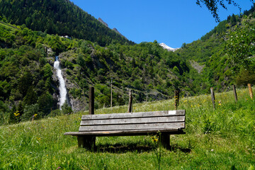 Naklejka na ściany i meble breathtaking Parcines waterfall in the Italian Alps of the Partschins region of South Tyrol (Italy, South Tyrol, Merano) 