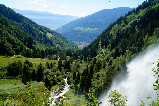 a breathtaking alpine view of Parcines waterfall and the alpine valley in the Italian Alps in Parcines (or Partschins) in the Rabla, Tel region (Merano, Rabla or Rabland, Tel, South Tyrol, Italy)