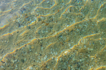 Beautiful view of texture of turquoise water of seabed of Mediterranean Sea. Beautiful nature background. Greece.