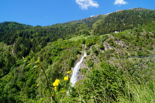 breathtaking Parcines waterfall in the Italian Alps of the Partschins region of South Tyrol (Italy, South Tyrol, Merano)	