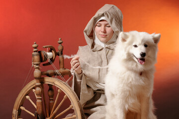 A young girl in a monastic or simple village dress spins yarn on an antique spinning wheel, taking the wool directly from a friendly Samoyed dog. Original fun idea.