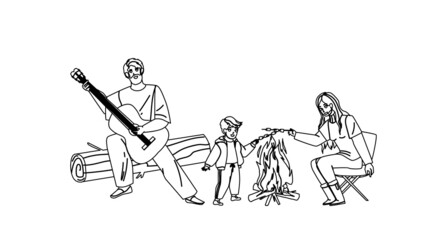 Family Picnic Enjoying Together Outdoor Black Line Pencil Drawing Vector. Father Playing On Guitar, Mother And Son Child Frying Marshmallow On Camp Fire, Family Picnic In Nature. Characters