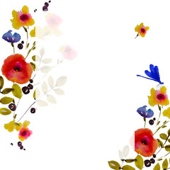 Card with flowers, leaves , watercolor colorful illustration isolated on white background, floral frame for your greeting or invitation, banner, poster or cover, wildlife garden