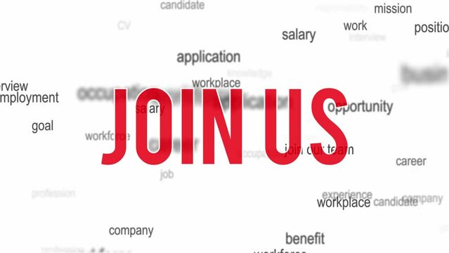 Join us - job tag cloud advertisement for vacant positions repeat loop animation