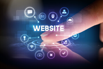 Finger touching tablet with web technology icons concept