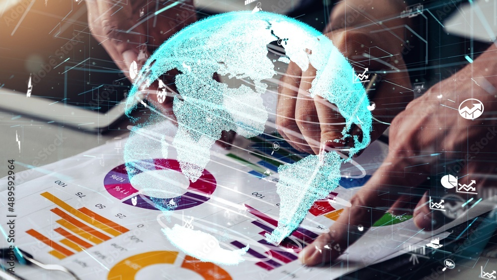 Poster conceptual business dashboard for financial data analysis . 3d render computer graphic .