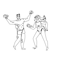 Boy And Girl Enjoy On Foam Party Together Black Line Pencil Drawing Vector. Young Man And Woman Couple In Swimming Suit Enjoying On Foam Party Entertainment. Characters Funny Leisure Time Illustration